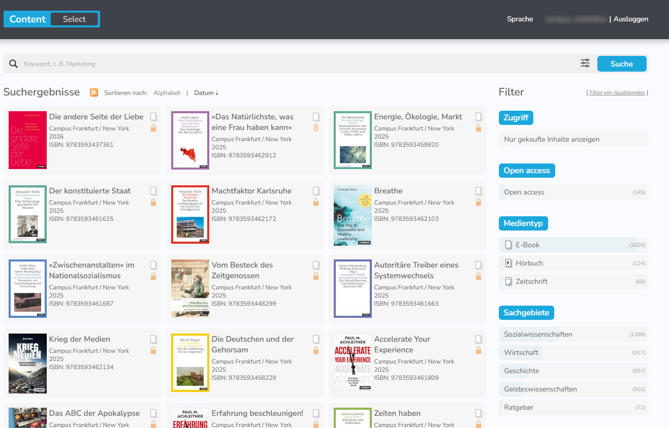 Campus Digitale Bibliothek – die Plattform Content Select Die Plattform Content Select
